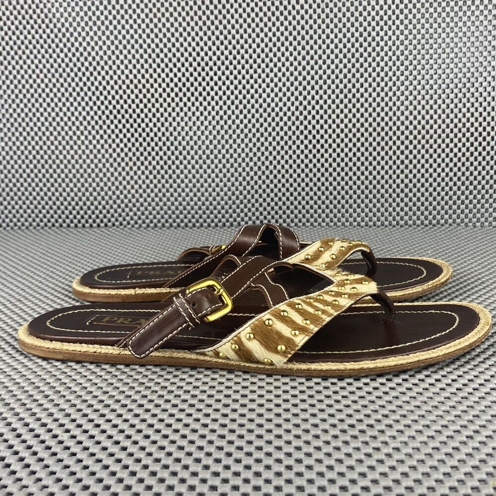 Vintage Prada Sandals Womens 37.5 Brown Leather Thong Sandals Made in Italy - Picture 2 of 12